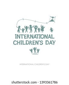 International Children's Day. Silhouette flat design of social logo. Joyful playing kids illustration to the Happy Children's Day. Vector inscription and funny kids.