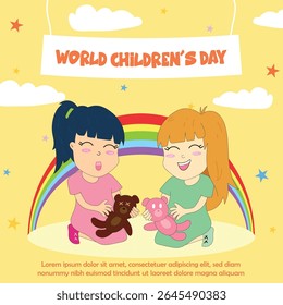 International Children's Day Social Media Greeting, Vector Illustration of Children Playing with Dolls, World Children Day Background