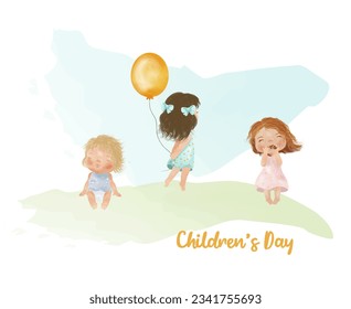 International Children's Day watercolor illustration with children playing. Vector graphics.