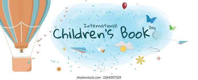 International children's and young people's book day..Flowers, balloons, sun, moon, butterflies, animals, on blue background.
