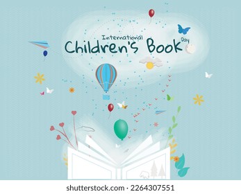 International children's and young people's book day..Open book and from it come out flowers, balloons, sun, moon, butterflies, animals, on blue background.
