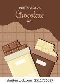 International Chocolate Day. Milk and white chocolate. Poster, banner, greeting card. Vector illustration