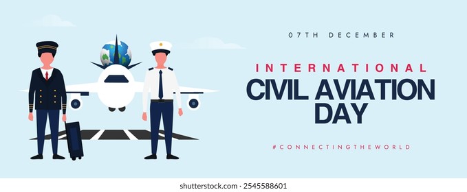 Dia Internacional da Aviação Civil. 7 de dezembro Bandeira de cobertura de celebração do dia da aviação civil, post com dois pilates, avião, globo terrestre. O dia honra a importância da aviação para o desenvolvimento social.