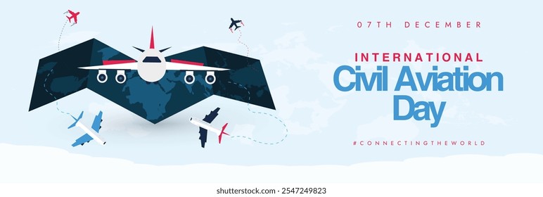 Dia Internacional da Aviação Civil, 7 de dezembro, faixa de capa, poste. Banner da cobertura do dia da aviação civil com aviões voando e viajando ao redor do mapa do mundo. O dia homenageia as regras de segurança das aeronaves