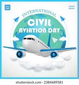 Internationaler Tag der Zivilluftfahrt. Flugzeug und Papierflugzeug auf bewölktem Hintergrund. Theme-Banner. Vektorgrafik. 3D-Vektorgrafik für Unternehmen, Kampagnen und Veranstaltungen