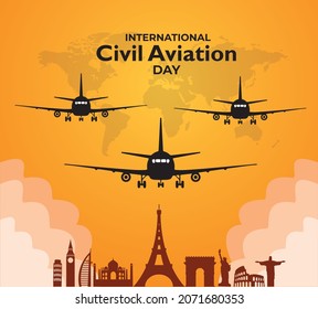 International Civil Aviation Day. December 7. city concept. Template for background, banner, card, poster. Vector illustration.