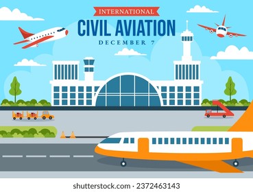 Ilustración de vectores del Día de la Aviación Civil Internacional el 7 de diciembre con vista azul cielo y avión para apreciar en diseño de fondo de caricatura plana