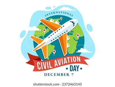 Ilustración de vectores del Día de la Aviación Civil Internacional el 7 de diciembre con vista azul cielo y avión para apreciar en diseño de fondo de caricatura plana