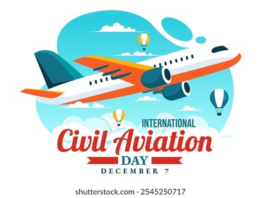 Ilustração vetorial do Dia da Aviação Civil Internacional em 7 de dezembro Apresentando o Avião e a Vista Azul Céu em Apreciação da Aviação em Plano de Fundo Plano