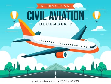 Ilustração vetorial do Dia da Aviação Civil Internacional em 7 de dezembro Apresentando o Avião e a Vista Azul Céu em Apreciação da Aviação em Plano de Fundo Plano