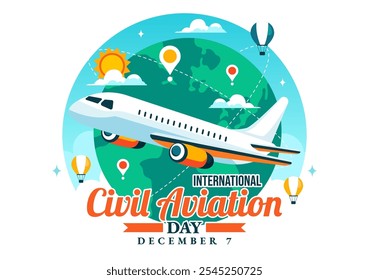 Ilustração vetorial do Dia da Aviação Civil Internacional em 7 de dezembro Apresentando o Avião e a Vista Azul Céu em Apreciação da Aviação em Plano de Fundo Plano