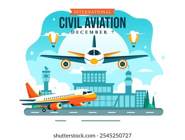 Ilustração vetorial do Dia da Aviação Civil Internacional em 7 de dezembro Apresentando o Avião e a Vista Azul Céu em Apreciação da Aviação em Plano de Fundo Plano