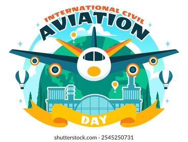 Ilustração vetorial do Dia da Aviação Civil Internacional em 7 de dezembro Apresentando o Avião e a Vista Azul Céu em Apreciação da Aviação em Plano de Fundo Plano