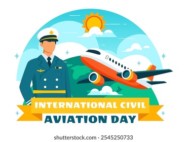 Ilustração vetorial do Dia da Aviação Civil Internacional em 7 de dezembro Apresentando o Avião e a Vista Azul Céu em Apreciação da Aviação em Plano de Fundo Plano