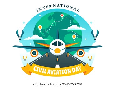 Ilustração vetorial do Dia da Aviação Civil Internacional em 7 de dezembro Apresentando o Avião e a Vista Azul Céu em Apreciação da Aviação em Plano de Fundo Plano