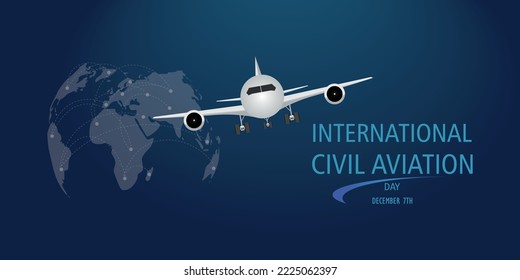 International Civil Aviation Day. White airplane on blue background and map with flight connections.