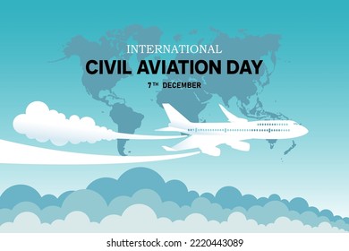 International civil aviation day with world map on blue background,  Anniversary celebration 7 December International Civil Aviation Day,  Flyer design, Flat vector graphic of illustration.