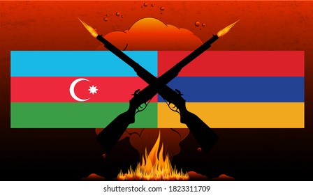 International Clash Symbol Armenia Vs Azerbaijan. A Firearm Placed On A Flag. On A Black Background