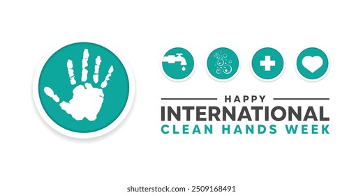International Clean Hands Week. Hand, water, bubbles, plus icon and heart. Great for cards, banners, posters, social media and more. White background.