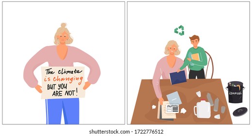 Día internacional del clima. Conjunto de ilustraciones planas vectoriales sobre el cambio climático y la clasificación de residuos. Un piquete contra el cambio climático. Separación de los desechos en fracciones.