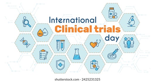 International Clinical Trials Day May 20. Vector illustration in blue and orange color. Concept, banner, infographics related to medicine and health.