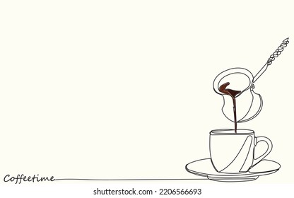 International Coffee day 1st October. Coffee time coffee break template. Get together at office.Caffeine intake. Aroma Graphic Illustration line art vector.Pouring hot coffee from cezve into cup