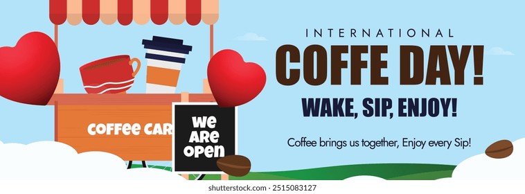 International Coffee Day 1st October cover banner. Coffee day cover banner, post with Coffee cart, mugs, cups. The day is celebrated to recognize and promote the global coffee industry for its lovers.