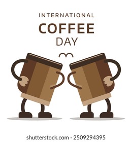 Día Internacional del Café. Café 2cup con pie de pierna de mano. Publicación en redes sociales o Anuncio de Plantilla. Taza de café con fondo blanco aislado ilustración de Victor Art.