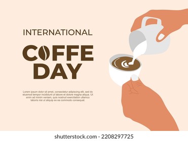 International coffee day background banner poster with cup and pot on bright color.