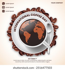 International Coffee Day background with a cup of coffee and coffee beans