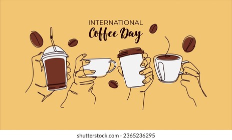 international coffee day background design with one continuous line drawing style. hands holding coffee. vector illustration.