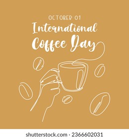  international coffee day background design with illustration of hand holding coffee and coffee beans with one continuous line drawing style. vector graphic.