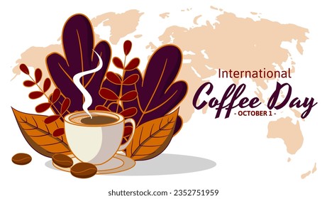 international coffee day background with flat illustration of coffee cup and plants. can be used for banner, poster, web, social media post, etc. vector illustration