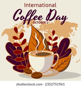international coffee day background with flat illustration of coffee cup and plants. can be used for banner, poster, web, social media post, etc. vector illustration