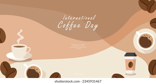 International Coffee Day banner, 1st October holiday. Geometric simple minimalistic horizontal greeting flat style for banner, poster, background. Vector illustration.