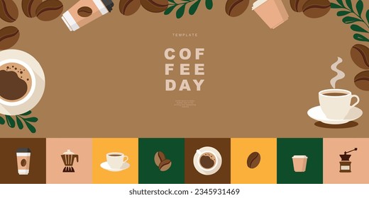 International Coffee Day banner, 1st October holiday. Geometric simple minimalistic horizontal greeting flat style for banner, poster, background. Vector illustration.