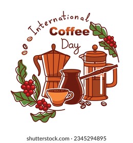  International coffee day banner. Coffee branch, coffee pot and cup of hot coffee.