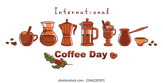  International coffee day banner. Coffee branch, coffee pot and cup of hot coffee.
