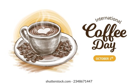 International Coffee Day Banner With Hand Drawn Illustration and Hand Lettering Calligraphy Logotype