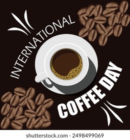 International coffee day with beans also with cup of coffee with black background 