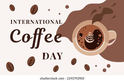 International Coffee Day, cappuccino coffee mug top view. Vector illustration.