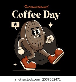 International Coffee Day Cartoon Character Mascot Vector Illustration in Vintage Retro 70s 80s Groovy Style for sticker, poster, flyer, brochure, invitation, greeting card, banner, social media