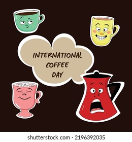 International coffee day cartoon sticker collection. Cute cups with coffee and a coffee pot. Vector illustration. 