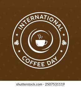 Día internacional del café, logotipo de la insignia del círculo del café con el fondo marrón oscuro, Vector del logotipo del café.