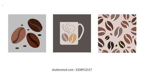 International Coffee day collection icon set. Coffee beans, coffee mug and  seamless coffee beans background . Three in one set. October 1. Global beverage.