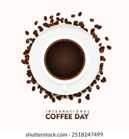 Día Internacional del Café. taza de café con granos de café rociados a su alrededor