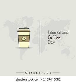 International Coffee Day with Coffee Cup Vector Cartoon and world map background