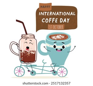 International coffee day with cute blue coffee cup, mug character and greeting text isolated on white brown background. Coffee day poster, flyer, label sticker, funny banner.
