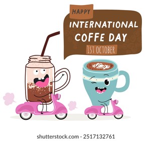 International coffee day with cute blue coffee cup, mug character and greeting text isolated on white brown background. Coffee day poster, flyer, label sticker, funny banner.
