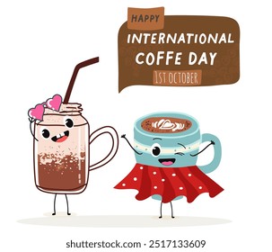 International coffee day with cute blue coffee cup, mug character and greeting text isolated on white brown background. Coffee day poster, flyer, label sticker, funny banner.